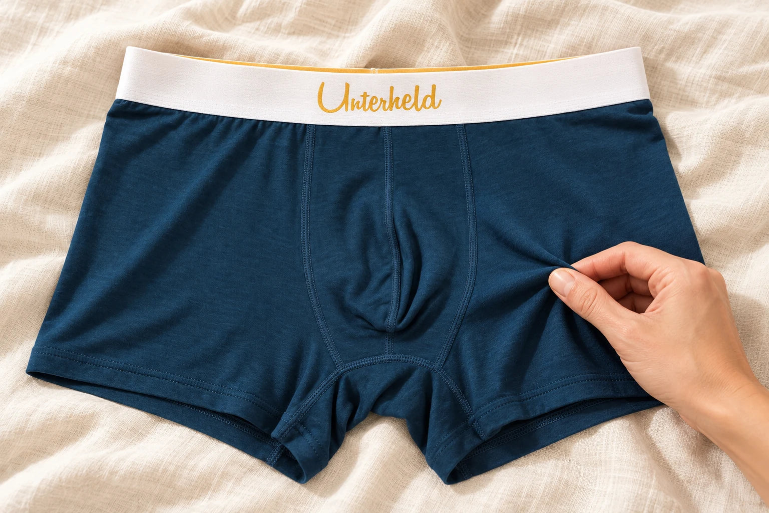 Eine Hand fühlt die dunkelblaue Unterheld Boxershorts unter dem Bund mit sichtbarem Unterheld Schriftzug
